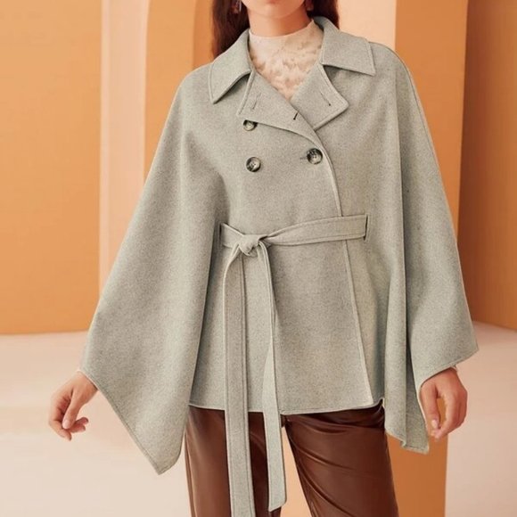 . Jackets & Blazers - Double Breasted Cloak Sleeve Belted Jacket Cape Overcoat